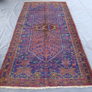 Navy Blue Pictorial Rug/ Afghan Vintage Rug/ Handmade Wool Area Rug/ Oriental Turkmen Rug/ 5x9 Antique Rug/ Kids Room Rug/ Wall Decor Rug