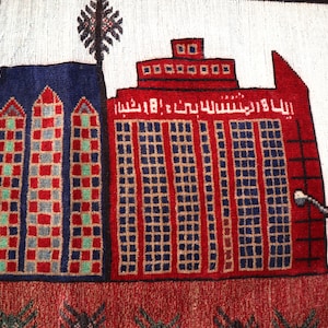 4.1x6.4 Ft Vintage Pictorial rug, Cities Cars Houses Trees design Rug, Soft Wool rug, Hand-knotted Oriental Area rug, Wall Decor Bedroom Rug