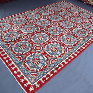 6x9 Ft Kazak Area Rug - Red Afghan Hand knotted Veg dyes Wool Rug - Bedroom Rug - Rugs for Living room - Dining table Carpet - Office rug