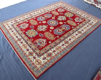 Red Kazak Rug 5x7 Ft Area Rug/ Afghan Hand Knotted Rug/ living room Rug/ Handmade Rug/ Bedroom Rug/ Wool Area Rug/ Super Kazak Turkmen Rug