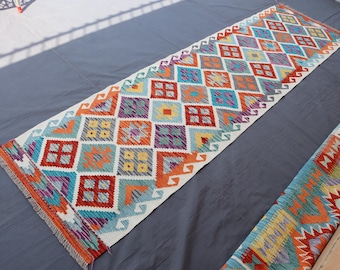 Runner Kilim fatto a mano, multicolore; Tappeto di lana tappeto di iuta Tappeto Kilim, tappeto tradizionale, corridore personalizzato, tappeto da cucina, tappeto corridore del corridoio, tappeto tribale