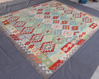 9 x 10 ft geometrisch kelimtapijt, handgemaakt platgeweven wol, natuurlijke vegetarische kleurstoffen Turkmeens oosters tapijt, woonkamertapijt, slaapkamertapijt, boho-tapijten
