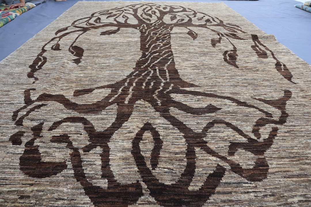 Tree Icon On Rug 7x10 Ft Brown Pictorial Tree Design Rug, Tree of Life Rug, Handmade ...