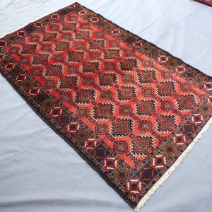 4x6 Ft Geometric Vintage Baluchi Rug, Afghan Handmade veg dyes Wool Area rug, Tribal Oriental Rug, Bedroom Rug, Office Rug, Orange Area Rug