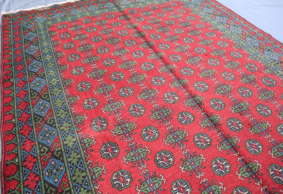 7x10 Red Bukhara Rug, Vintage Handmade Wool Rug, Red Afghan Carpet, Oriental Area Rug, Authentic Afghan Tribal Rug, Office Rug, Bedroom Rug
