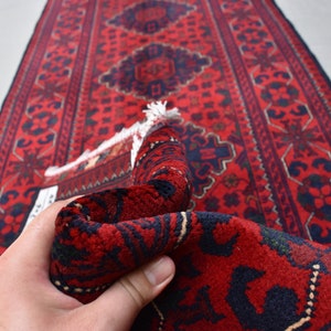 Red 3x10 Long Runner Rug/ Turkmen Bukhara Rug Handmade 100% Wool Rug/ Geometric design Oriental Afghan Rug/ Kitchen Rug/ Hallway Runner Rug