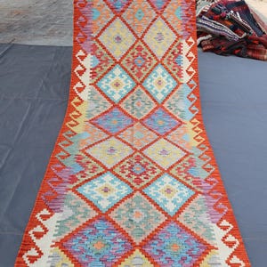 Orange Shape Runner Kilim Rug, 3x10 Ft Modern Geometric Kilim Runner Rug, Afghan Handmade Wool Rug, Hallway Runner Rug, Flatweave Runner Rug