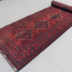 Venta entera 10 pies alfombra corredor roja / afgano turcomano Saliqa diseño Bukhara alfombra / alfombra roja corredor afgano / alfombra oriental de lana hecha a mano / oriental