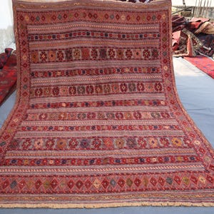 7x9 Ft Antique Turkmen Kilim Area Rug - Afghan Hand knotted Wool Rug - Tribal Vintage Rug - Geometric Pattern Rug - Living Room Rug - Boho