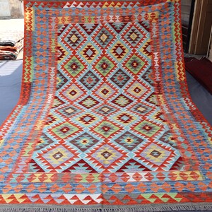 7x10 Ft Orange Light Blue Kilim Rug / Afghan Handmade Kilim veg dyes Wool Large Rug / Oriental Bohemian Flatweave Rug / Rug for Living Room