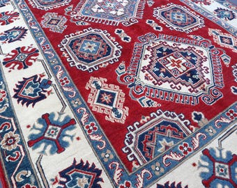 Red Super Kazak Rug, 6x9 Ft Turkmen Oriental Rug, Afghan Handmade Wool rug, Veg dyes Wool Rug, Traditional Rug, Kitchen Rug, Living Room Rug