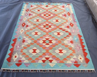 5x6 Area Rug. Afghan Kilim Rug - Afghan Hand Knotted Natural Wool Rug - Turkish Floral Rug - Kilim Floor Rug 5x6 - Bedroom Rug 5x6 - Kilims