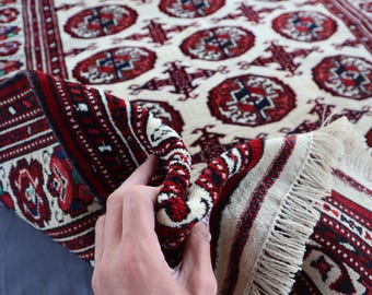 3.2x4.0 Ft Vintage Square Rug/ Afghan Handmade Wool Antique Rug Turkmen Tribal Hand Bag Rug Oriental Art famous Mori Gul Rug/ Beige Rug 3x4