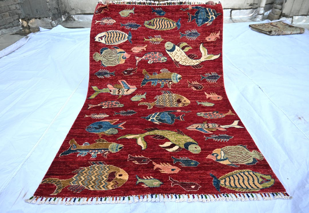 Pictorial Fish Design Rug 4x6 Ft, Red Decor Pictorial Rug, Hand Knotted ...