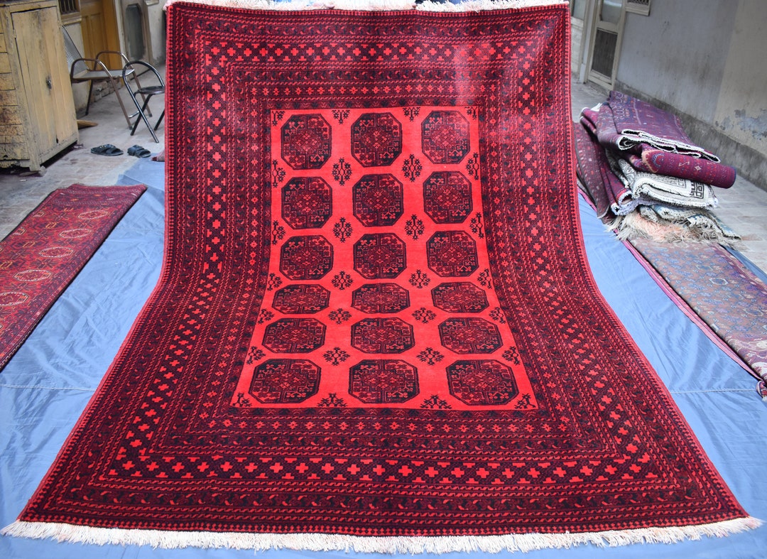 Elephant Foot Design Rug, Turkmen Antique Rug, 7x10 Ft Rug, Afghan Red