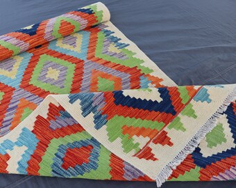 GEOMETRIC RUNNER RUG, 3x10 Ft Runner Rug, Colorful Runner Rug, Kilim Runner, Handmade Runner Rug, Kitchen Runner Rug, Flat Weave Rug Runner