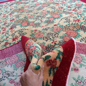 6x9 Ft Antique Turkmen Pattern Rug, Handmade Wool Area Rug, Oriental Caucasian Rug, Bohemian Low Pile Rug Rug for Living Room Red Border Rug