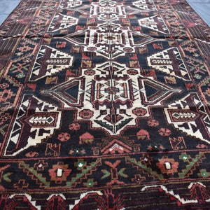 Afghan Vintage Rug 3.7x5.11 Ft Geometric Balochi Rug, Fine Quality Oriental Antique Rug, Best Condition Black Color, Handmade Wool Soft Rug,