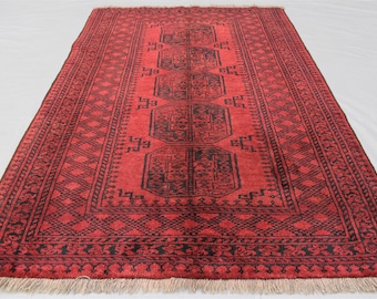 5.9 x 3.10 Ft Vintage Area Rug - Red Afghan Handmade Wool Rug, Antique Faded Oriental Rug - Tribal Turkmen Philpy Rug - Rugs For Living Room