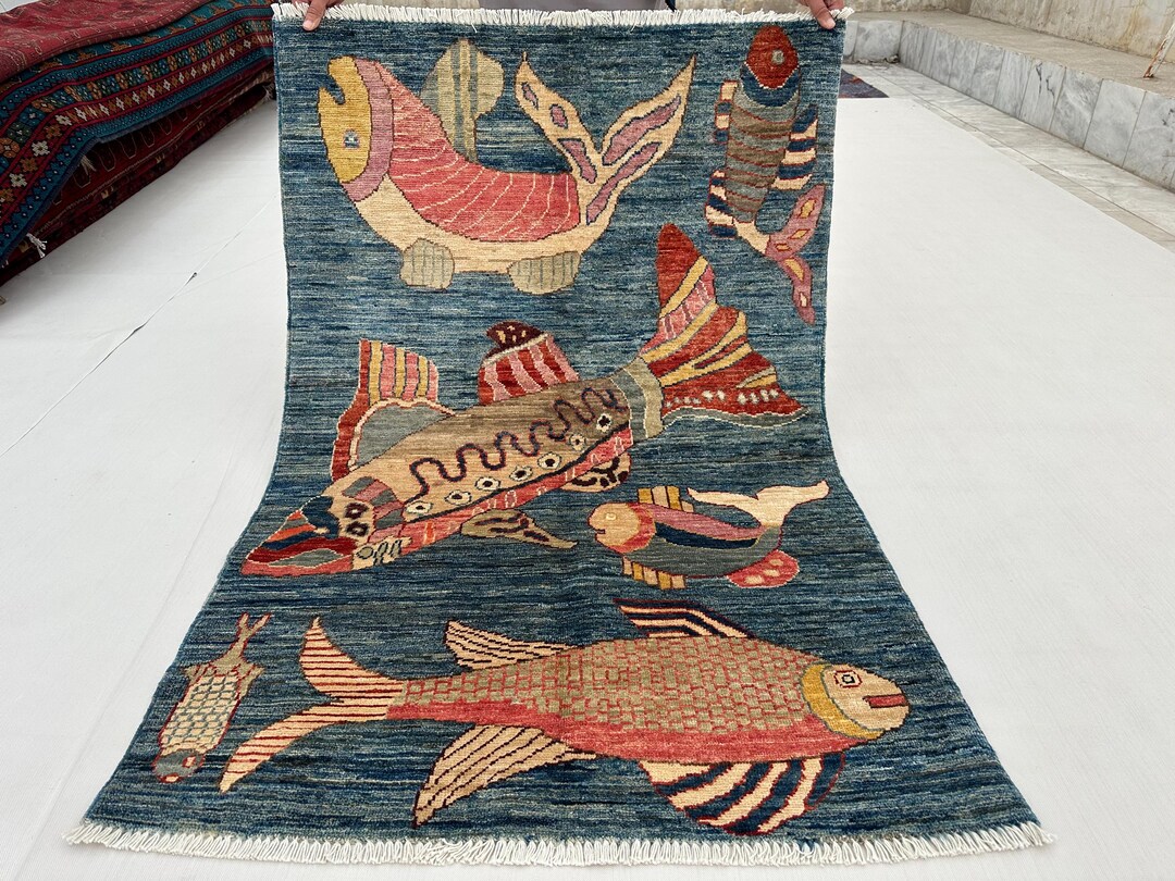 Pictorial Fish Design Rug 3x5 Ft, Afghan Pictorial Rug, Hand Knotted ...