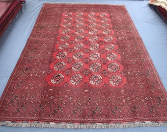 7x10 Ft Antique Turkmen Rug - Afghan Handmade Wool Area Rug - Vintage Turkoman Mori Gul Bukhara Rug - Rugs For Living Room, Rugs For Bedroom