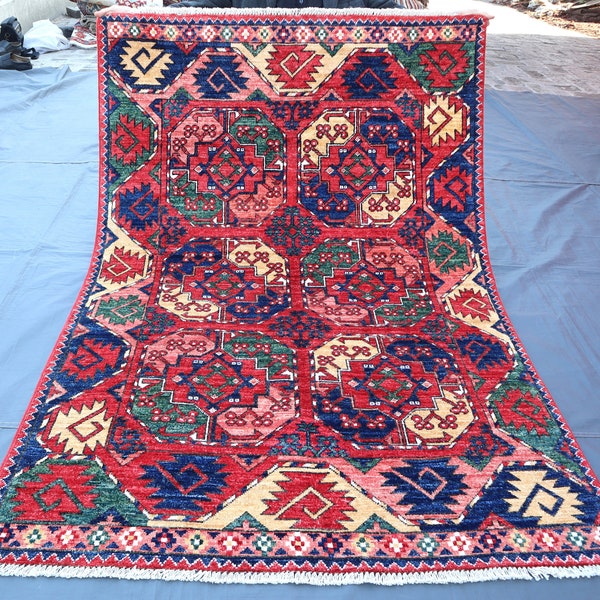 4.0x5.11 Ft Afghan Rug/ Turkmen Area Rug/ Chobi Rug/ Bohemian Rug/ Bukhara Rug Living Room Rug/ Oriental Rug/ Elephant Foot Design Rug/ 4x6