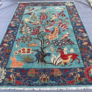 Turquoise Pictorial Design Rug 7x10 Ft, Turkmen Pictorial Rug, Hand Knotted Wool Rug, Birds Trees Art Design Rug, Oriental Rug Kids Room Rug