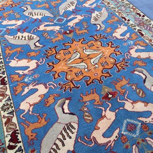 Blue Baluchi Pictorial Rug 3x6 Ft/ Afghan Handmade Wool Area Rug/ Animal Birds Rug/ Oriental Turkmen Rug/ Living room/ Haunting Animal Rug