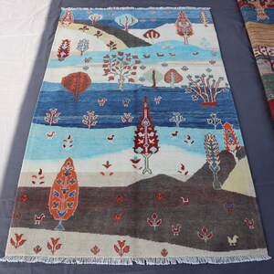 4x6 Ft Wall Hanging Pictorial Rug - Afghan Hand knotted wool Rug - Rugs for Living room - Bedroom rug - Roads Trees River Design rug 4x6