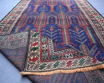 Tribal Faded Rug 4.5x8.7 Ft/ Fine Quality Handmade Wool Area Rug/ Geometric Afghan Baluchi Rug/ Oriental Turkmen Rug/ Tribal Vintage Rug 4x9