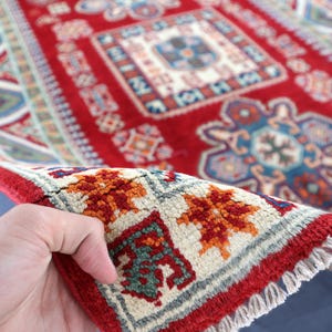Red Kazak Area Rug/ 5x7 Ft Rug/ Geometric Afghan Rug/ Hand Knotted Wool Area Rug/ Rug for Bedroom/ Living Room Rug/ Office Rug/ Boho Rug 5x7