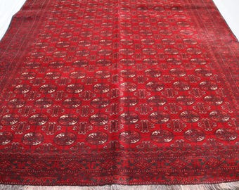 大型ヴィンテージラグ　トルクメン族　ウール(281×200cm)レッド　ブラック トルクメンアンティークラグ 5 x 7フィート/トルクメンモリグル