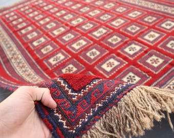 6x9 Ft Red Vintage Area Rug - Geometric Design Afghan Handmade Wool Rug - Kilim Mixed Weaved Rug - Antique Oriental Rug - Living Room Rug