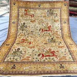 Authentic 4x6 Pictorial Rug, Hand Knotted Animal Hunting Rug, Afghan Antique Rug, Art Décor, Bohemian Anatolian Rug, Living Room Rug, Beige