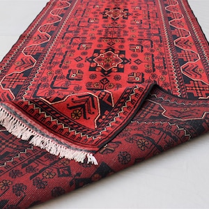Alfombra roja de 10 pies de largo / Alfombra Turkmen Bukhara / Alfombra de lana 100% hecha a mano / Alfombra afgana oriental Khal Muhammadi / Alfombra de cocina / Alfombra de corredor de pasillo