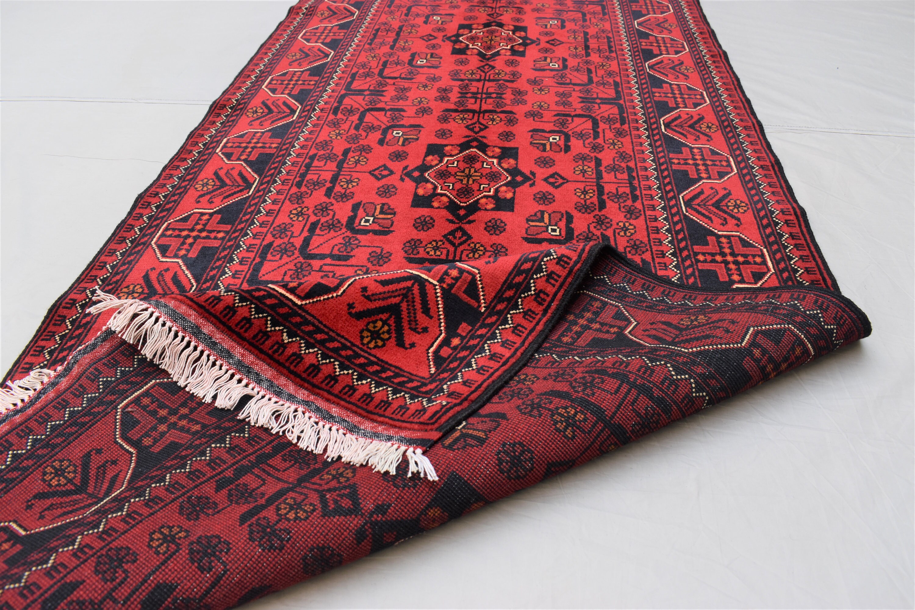 Red 10 Ft Long Runner Rug/ Turkmen Bukhara Rug/ Handmade 100% Wool Rug/ Khal Muhammadi Oriental Afghan Rug/ Kitchen Rug/ Hallway Runner Rug