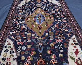 4x6 Ft Navy Blue White Vintage rug, Afghan Rug, High Pile Soft Wool rug, Turkmen Hand-knotted Rug, Tribal Balochi Carpet, One of a kind Rug