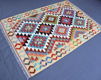 3x5 Ft Geometric Kilim Rug, Flatweave Modern Afghan Rug, Turkmen Handmade Oriental Traditional Area Rug, Natural dyes Wool Rug, Bedroom Rug