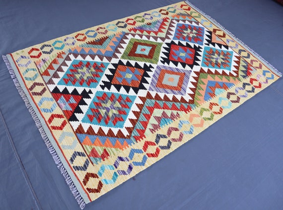 3x5 Ft Geometric Kilim Rug, Flatweave Modern Afghan Rug, Turkmen Handmade Oriental Traditional Area Rug, Natural dyes Wool Rug, Bedroom Rug