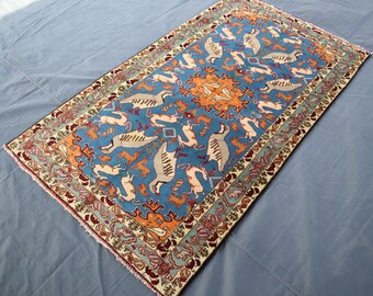 Blue Baluchi Pictorial Rug 3x6 Ft/ Afghan Handmade Wool Area Rug