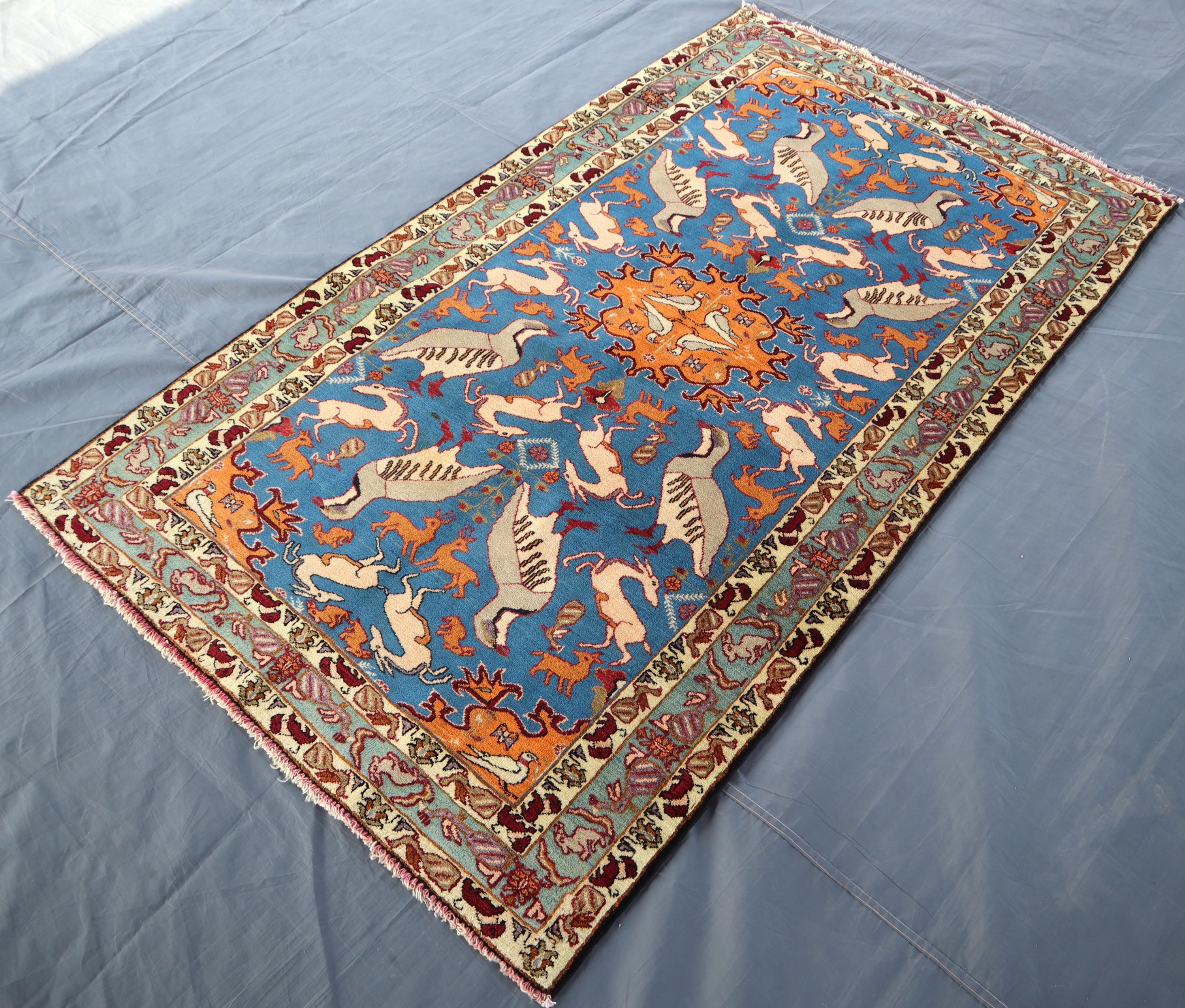 ラグ・カーペット Baluch rug Blue Baluchi Pictorial Rug 3x6 Ft/ Afghan Handmade Wool Area
