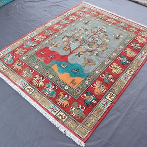 Stunning Tree Of Life Birds Design Rug 5x7 Ft, Turkmen Pictorial Rug, Hand Woven Wool Rug, Birds Trees Art Rug, Oriental Rug Bedroom Rug 5x7