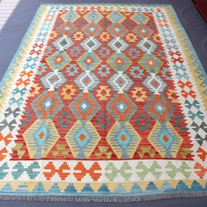 Afghan Kilim Rug 7x10 Ft, Geometric Kilim Rug, Handmade Wool Flatweave, Natural Vegetable dyes Rug, Geometric Kilim Rug Living Room Rug 7x10