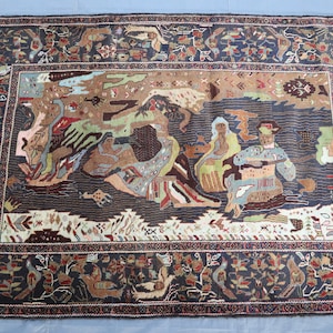 Antique Pictorial rug 4.7x6.10 Ft/ Afghan Vintage Balochi Rug/ Handmade Wool Area Rug/ Oriental Turkmen Rug/ Wall Rug/ Human Pictorial Rug