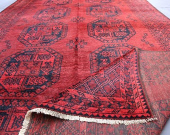 Afghan Red Antique Rug 6.4x10.1 Ft, Afghan Hand Knotted Wool Area Rug, Vintage Tribal Rug, Tekke Ersari Bukhara Rug, Oriental Red Rug 7x10