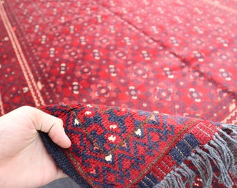 6x9 Ft Afghan Large Vintage Rug/ Geometric Ersari Rug/ Turkmen Handmade Wool Area Rug/ Oriental Rug/ Red Soft Tribal Rug/ Living Room Rug
