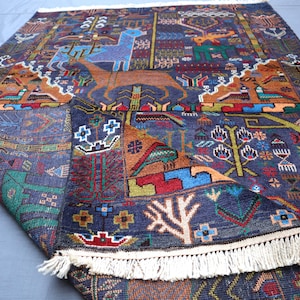 3.4x6.3 Ft Afghan Baluchi Pictorial Rug, Turkmen Baluchi Rug, Handmade Wool Area rug, Antique Wool Area Rug, Bedroom Office Living Room Rug