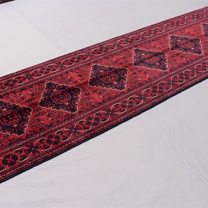 Alfombra roja de 10 pies de largo / Alfombra Turkmen Bukhara / Alfombra de lana 100% hecha a mano / Alfombra afgana oriental Khal Muhammadi / Alfombra de corredor de pasillo de cocina