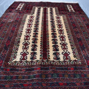 Vintage Gebetsteppich, 3,2x4,4 Ft Afghanischer Handgeknüpfter Wollteppich, Antiker Belutschi Teppich, Orientalischer Turkmenischer Teppich, Bildlicher Moschee Gebetsteppich