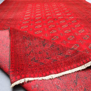 Red Antique Turkmen Rug, 7x10 Ft Afghan Hand Knotted faded Wool Area Rug, Tribal Vintage Bukhara Carpet, Living Room Rug, Oriental Wool Rug